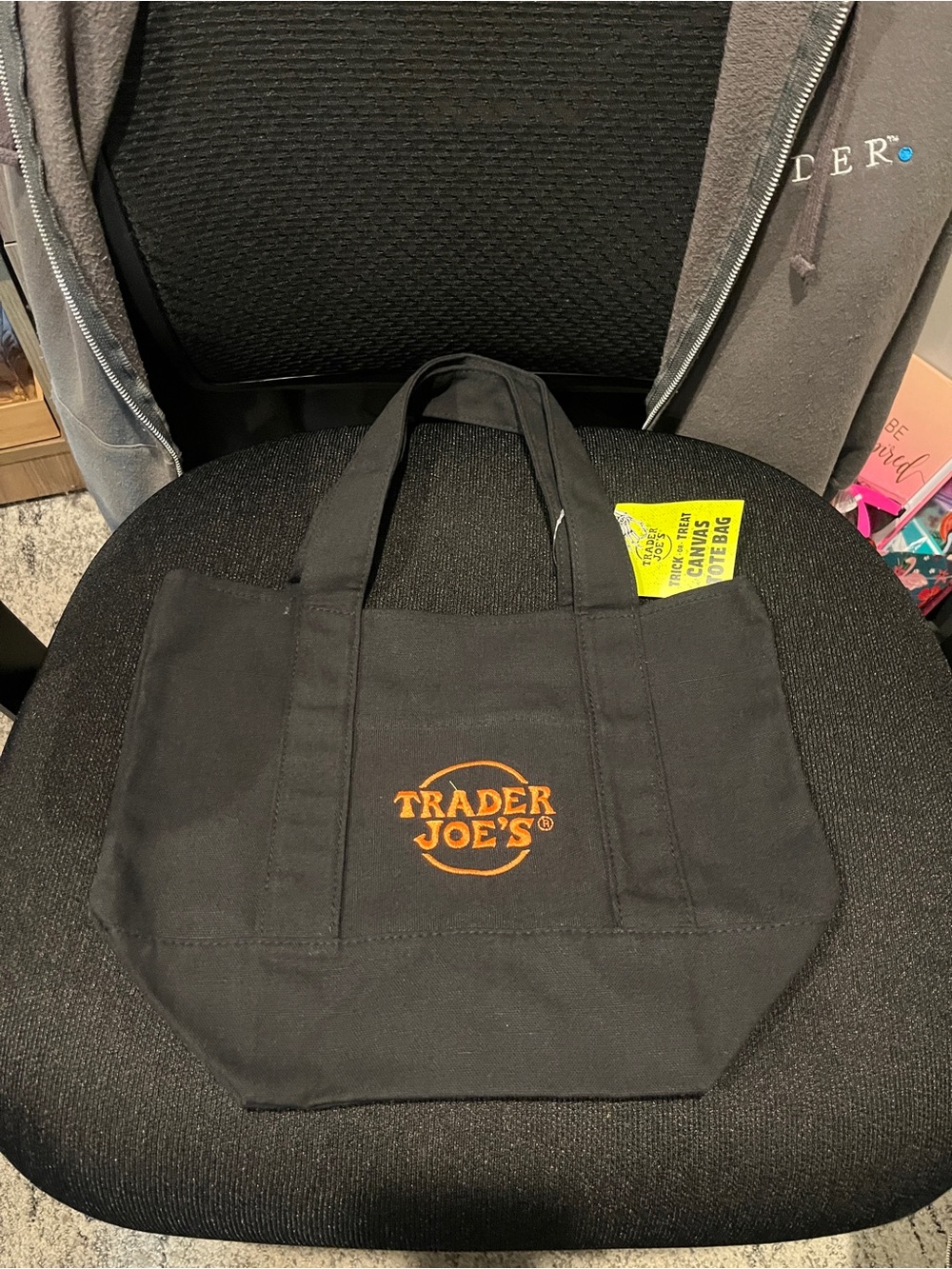 VIRAL Trader Joes Black Canvas Tote Bag with Orange Logo